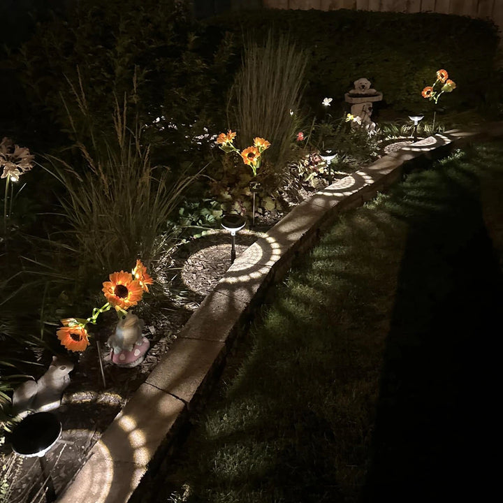 Solar sunflower lights illuminating a garden path at night