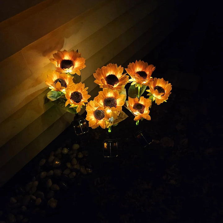 Solar sunflower lights glowing beside a wall at night